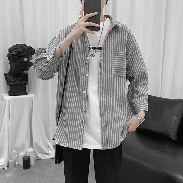 

men's casual shirts summer thin season korean style fashion versatile couple striped shirt brand handsome long sleeve, White;black
