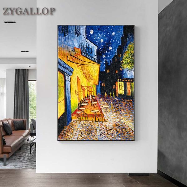 Van Gogh Ünlü Yağlıboya Baskı Posteri Geceleri Cafe Teras Üreme Tuval Duvar Sanatı Resimleri için Oturma Odası Dekorasyon