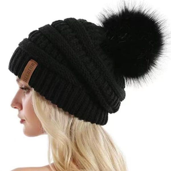 

beanies 2021 fall/winter style wool ball woolen hat ladies plus cashmere knitted