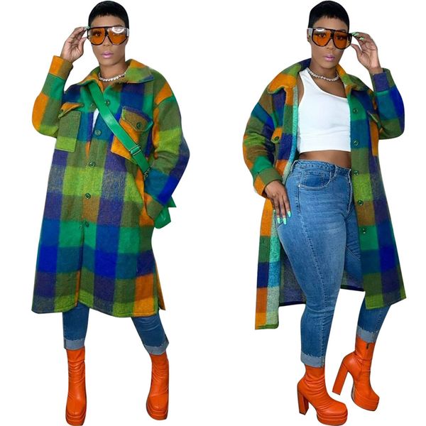 

womens woolen splicing jackets fashion plaid turndown neck long outerwear designer spring casual cardigan shirts overcoat for ladies, Black;brown