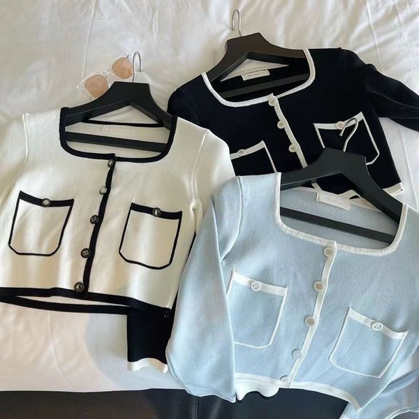 

new blouse for early spring 2022 tees small fragrance style square collar knit single breasted pocket bottom cardigan woman, White