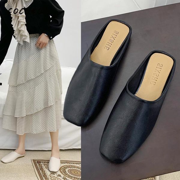 

slippers 2021 square head baotou half female summer wear soft bottom lazy sandals one pedal without heel mules, Black