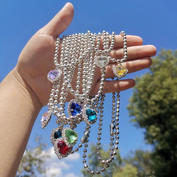 

chains zx cute shiny rhinestone crystal heart pendant necklace for women girls party hip hop metal chokers wholesale jewelry, Silver