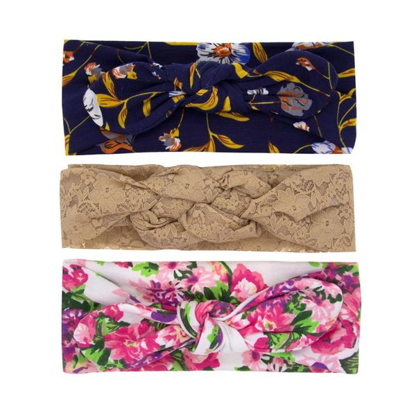 

baby girl headbands set turbon knot bow head bands kids hair accessories braid lace bunny band cotton floral print headwear 3pcs/set, Slivery;white
