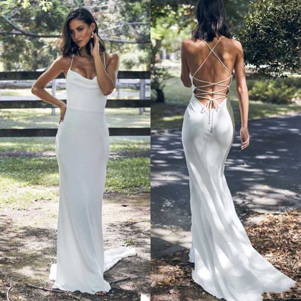

other wedding dresses spaghetti straps mermaid dress criss cross backless boho bridal gowns simple soft satin vestido de noiva, White