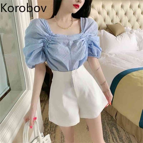 

korobov vintage puff sleeve shirts korean chic elegant blusas mujer office lady women blouses ruched slim sweet 210430, White