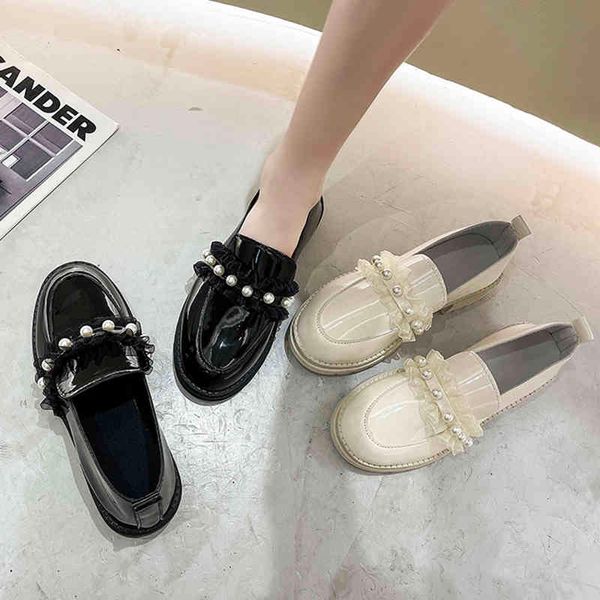 

women oxford shoes pearls loafers patent leather slip on low heels lace boat ruffels comfortable zapatos mujer 9277c, Black