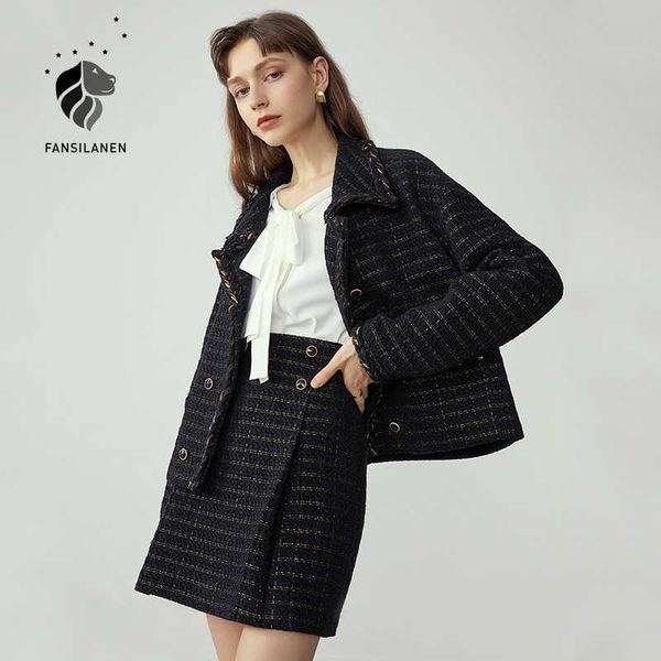 

fansilanen two-piece tweed black dress suit women outfit lurex plaid skirt and set female office elegant winter sets 210607, White