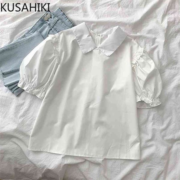 

puff sleeve turn-down collar pullove blouse causal summer woman shirts korean sweet blusas feminimos 6h598 210603, White