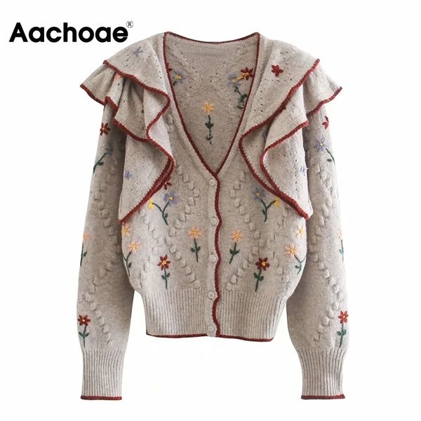 

aachoae chic floral embroidery sweater v neck ruffles cardigan sweater women long sleeve elegant lady knitted jersey mujer 210413, White;black