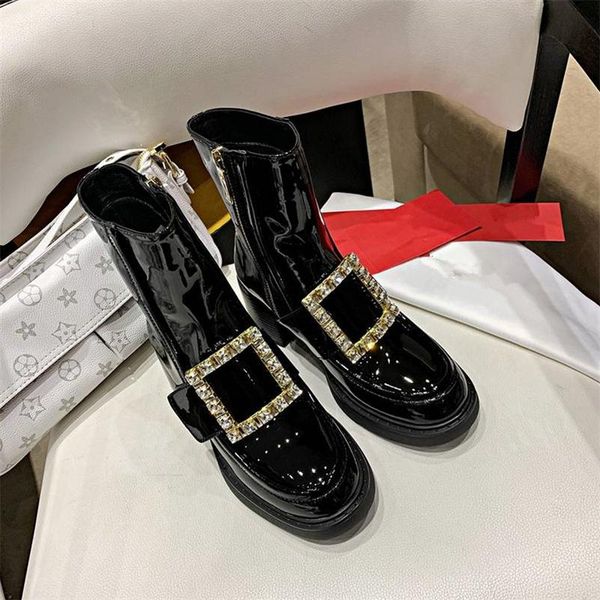 

women's shoes, buttons, real leather boots, square round shoes boots, Black