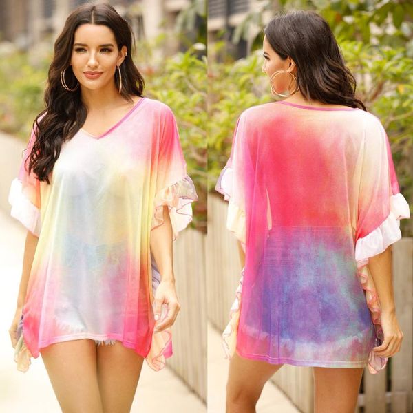

women casual summer tie-dye print butterfly sleeve chiffon ruffles shirt polka dot mesh sheer coloful women's swimwear, White;black