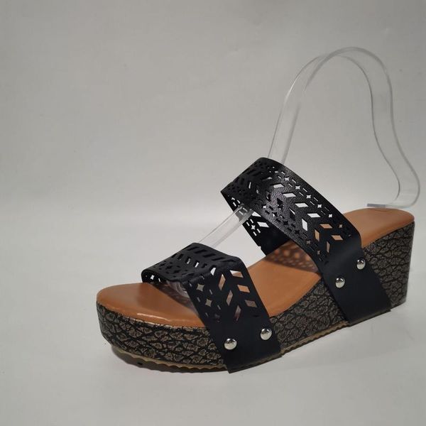 

sandals hollow out platform wedges women's bohemian with sloping heel and hollowed sandalias, Black