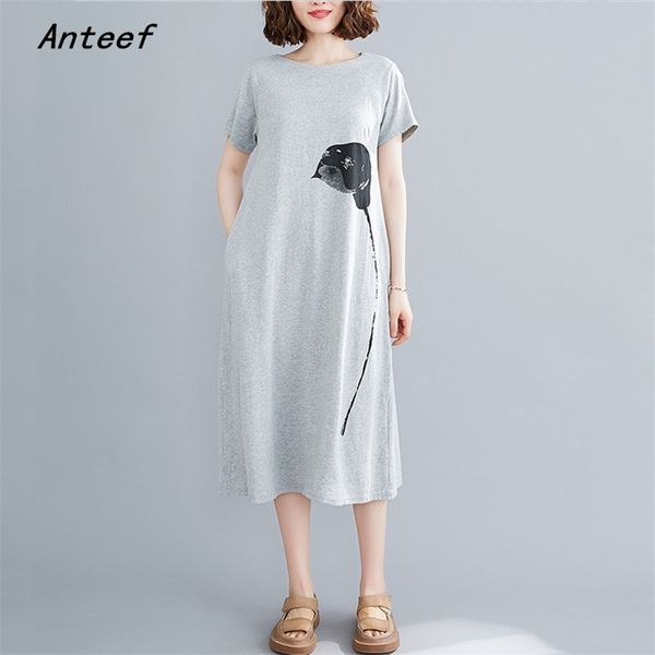 

short sleeve plus size cotton vintage floral dresses foral women casual loose midi woman summer dress elegant clothes 210517, Black;gray