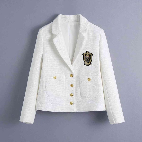 Chaqueta de lana con parche de insignia de estilo inglés para mujer, abrigo Vintyage de oficina para mujer, manga larga de un solo pecho, prendas de vestir elegantes para mujer, Tops 210521