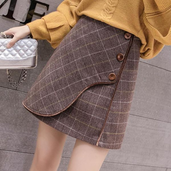 

skirts women plaid irregular skirt above knee ,mini empire office lady sweet button 2021 winter autumn a-line female, Black