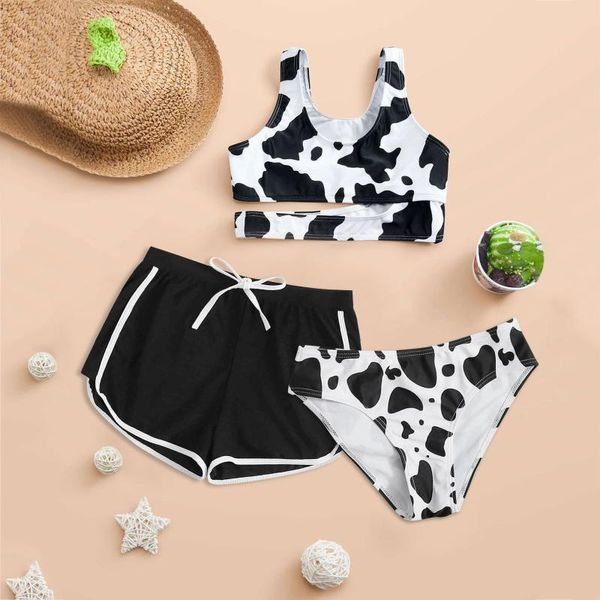 

one-pieces three-piece girls summer swimwear sets clothing cute crisscross back cow floral print swimsuit fashion outfits young style, Black