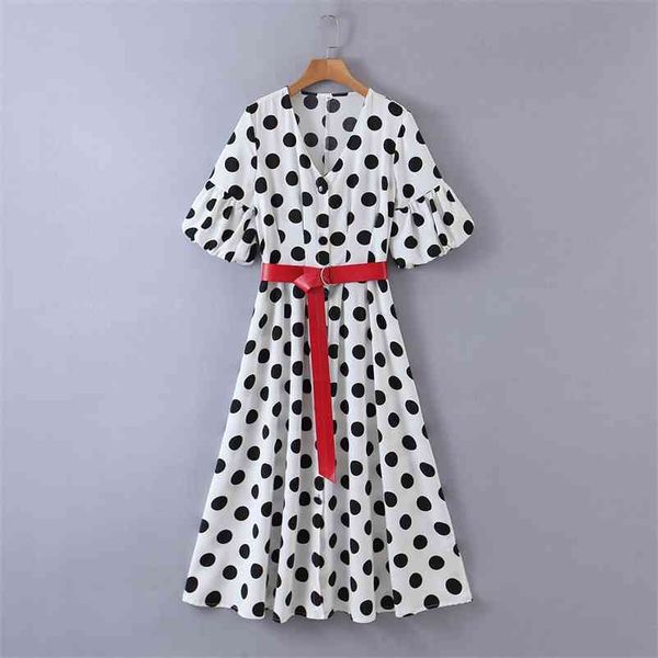 

women dots dress with red belt slim v-neck short sleeve summer chiffon casual female 210524, Black;gray