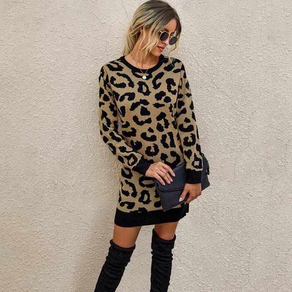 

sweater dress long sleeve autumn winter elegant ladies leopard knitted dresses warm office trendy clothes for women fall casual, Black;gray