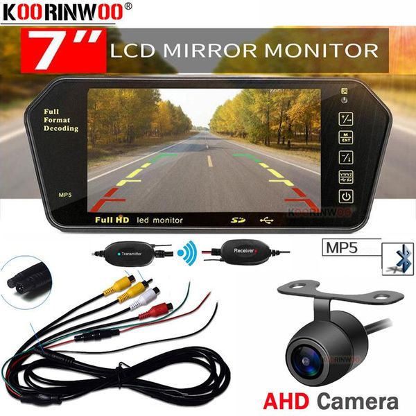 

car video koorinwoo wireless kit auto parking 7'' display tft lcd monitor mirror bluetooth mp5 fm ccd rearview reverse camera back
