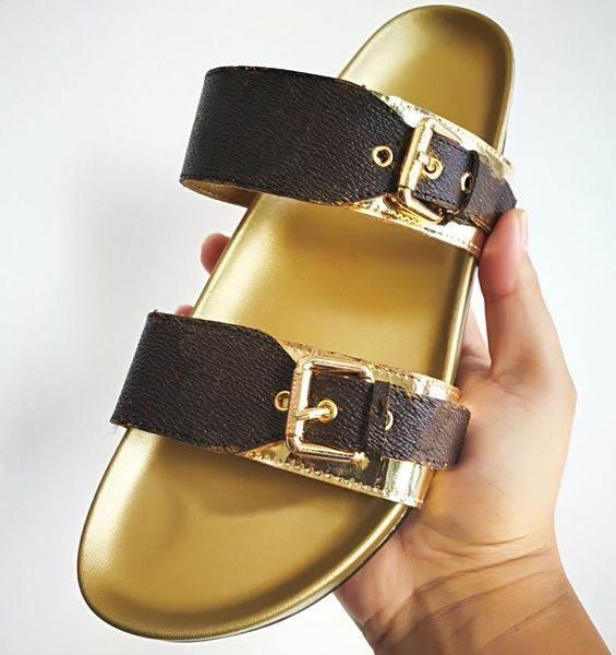 

men canvas flat slippers soft summer leather wide strap mule designer women gold-tone buckle rubber outsole slide sandal, Black