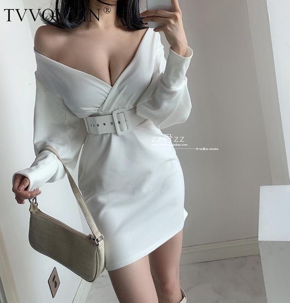 

casual dresses french v-neck high waist pack hip lantern sleeve solid color autumn winter temperament belt mini dress 8p63, Black;gray