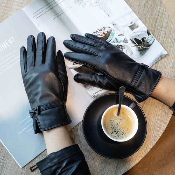 

gloves sheepskin women' winter touch screen with cashmere wind proof and warm head leather embroidered outdoor cycling driving, Blue;gray