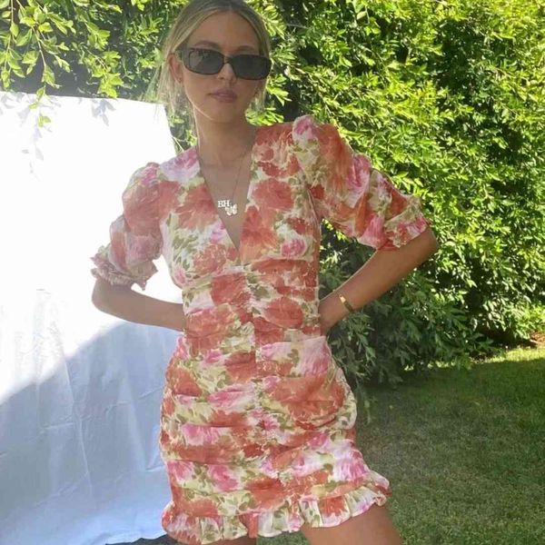 

women elegant red floral print mini dress summer long sleeve party beach holiday high wasit femme vestidos 210521, Black;gray