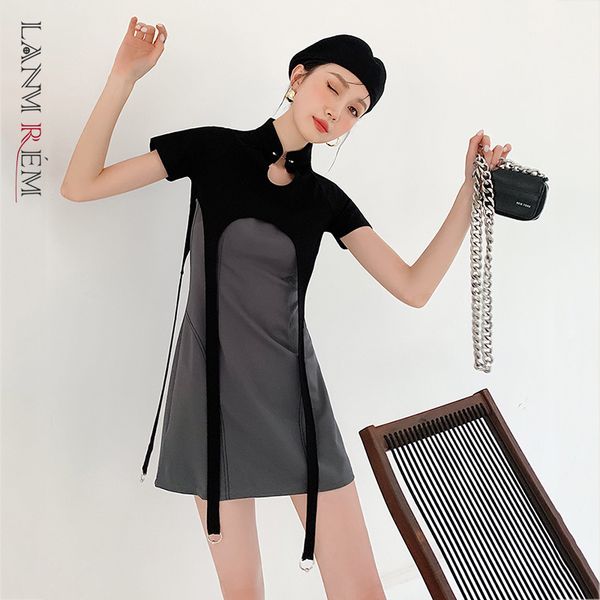 

women's black two-piece dress stand collar short sleeve loose fit temperament fashion sweet summer 2e1231 210507, Black;gray