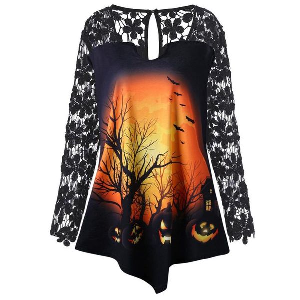 

women's blouses & shirts women halloween see-through lace creepy graphic prints patchwork asymmetrical shirt female blusas chemisier f, White