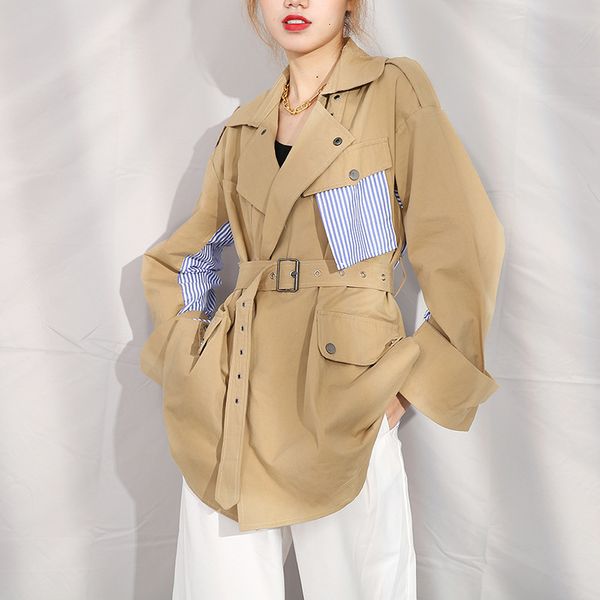 

european and american bow-up fashion women's blouse mid-autumn length striped casual loose seam jacket, Black;brown