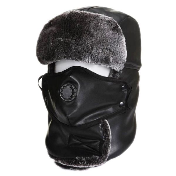 

berets men bomber hat warm fur earflap brown caps ushanka pu leather russian cap ear helmet women, Blue;gray