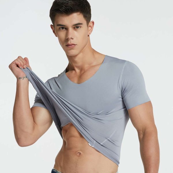 

men's ice silk seamless short sleeve t-shirt v-neck summer slim fit thin half tight solid color base shirt fashion, White;black