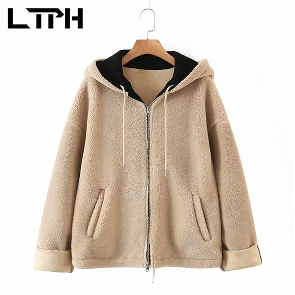 

ltph solid color imitate lambswool outerwear loose woman parkas hooded zipper thicken warm jacket coat autumn winter 210423, Black
