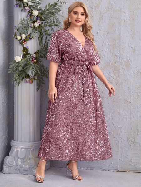 

plus surplice neck sequin belted dress q781#, Black