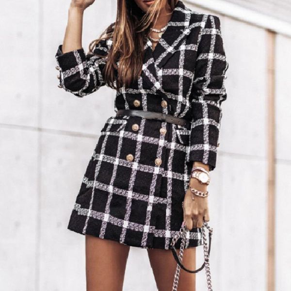 

women's jackets fashion long sleeve button autumn outwear stylish women plaid check coats winter tweed ladies elegant overcoat chaqueta, Black;brown