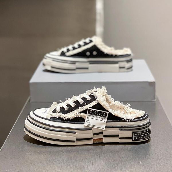 

sandals baotou half slippers women wear 2021 style inner heightening muffin thick soled canvas shoes in summer, retro leisure beggar, Black