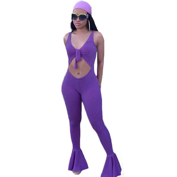 

women's jumpsuits & rompers summer 2021 + cap 2pcs women solid bandage slim sleeveless v-neck playsuits trousers hollow flared pants cl, Black;white