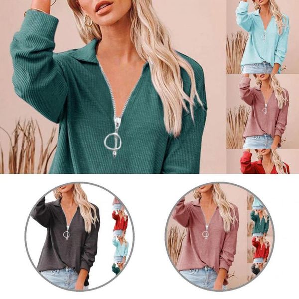

women's blouses & shirts autumn casual zipper v neck long sleeve t-shirt 5 colors for dating, White