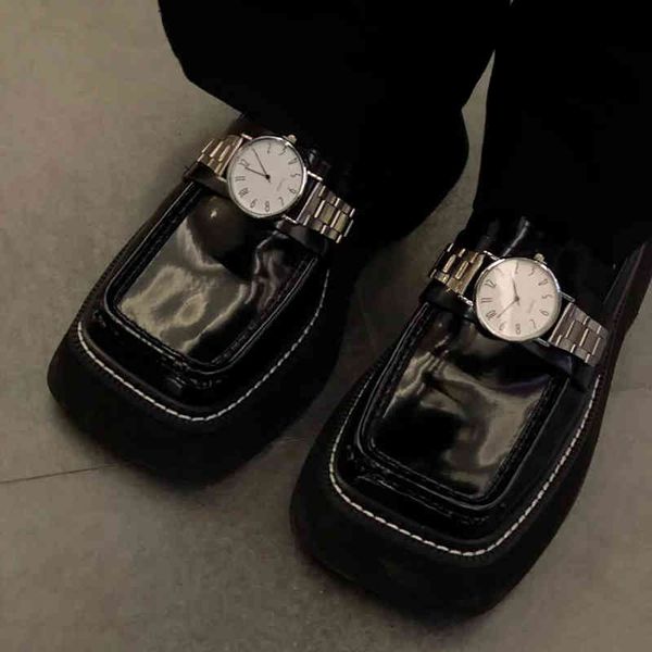 

dress shoes british style retro leather for women japanese platform loafers spring designer watch decoration chunky y06x, Black