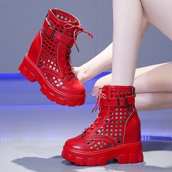 

boots summer punk leather buckle hollow out ankle for women fashion height increasing shoes woman chunky platform eu 34-39, Black