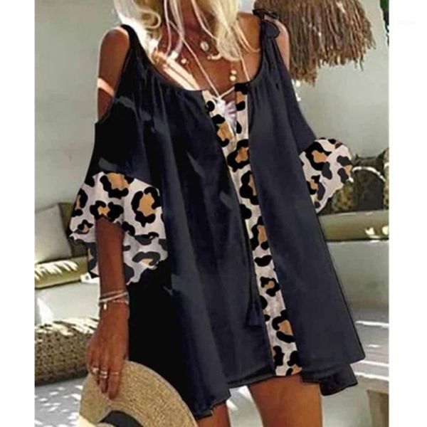 

women's blouses & shirts summer leopard print casual loose off-shoulder large size t-shirt fashion trend solid color midi sleeve, White