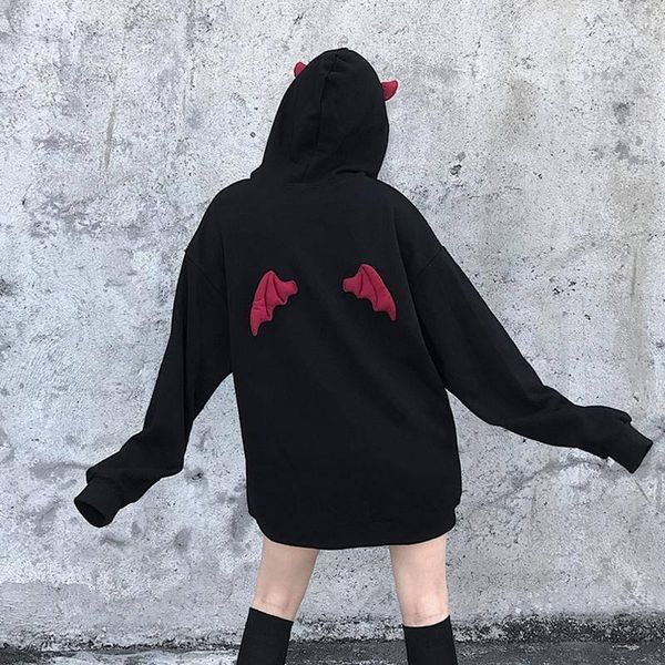 

autumn warm hoodie sweatshirt women fashion harajuku devil wing patchwork hoodies female casual streetwear japan women's & sweatshirts, Black