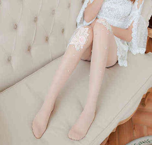 

socks hosiery production of lace pearl spot drill manual nail bead large flower silk stockings pantyhose embroidered pearl flower, Black;white