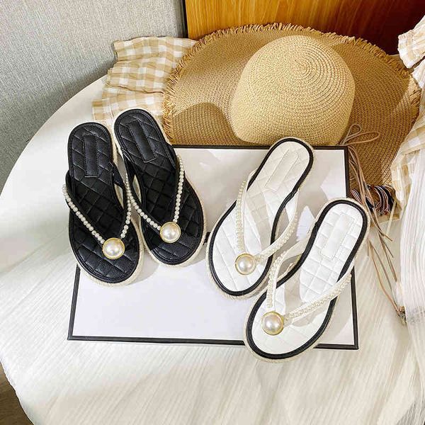 

straw thick soled sandals summer new small fragrance fairy women's chain roman flat bottomed beach shoes, Black