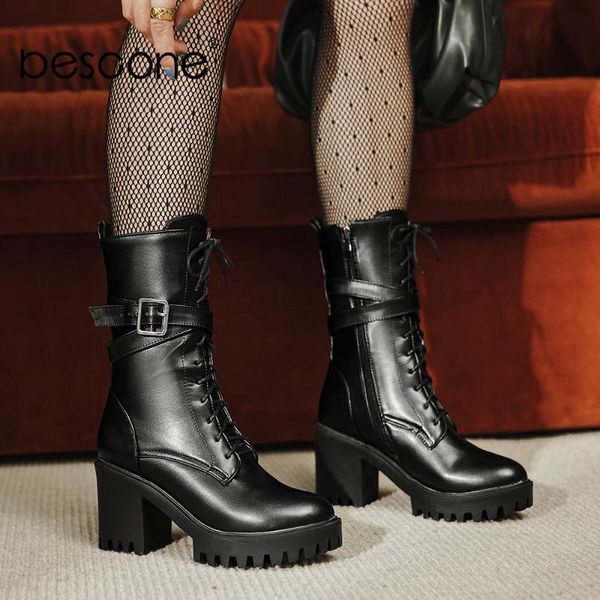 

boots bescone mid-calf woman winter high platform leather round toe lace up buckle strap super square heel shoe bm741, Black