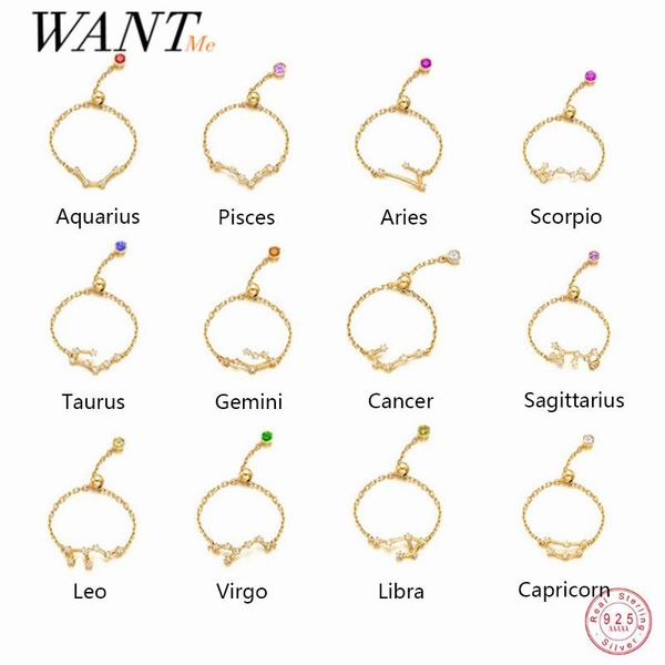 

cluster rings wantme 925 sterling silver unique 12 constellation chain link adjustable for women couple zodiac jewelry celestial gift, Golden;silver
