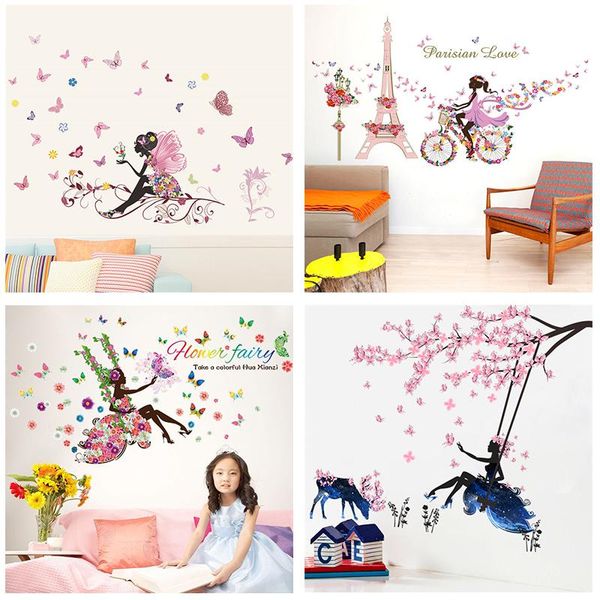 

wall stickers butterfly flower fairy for kids rooms bedroom decor diy cartoon decals mural art pvc posters children's gift
