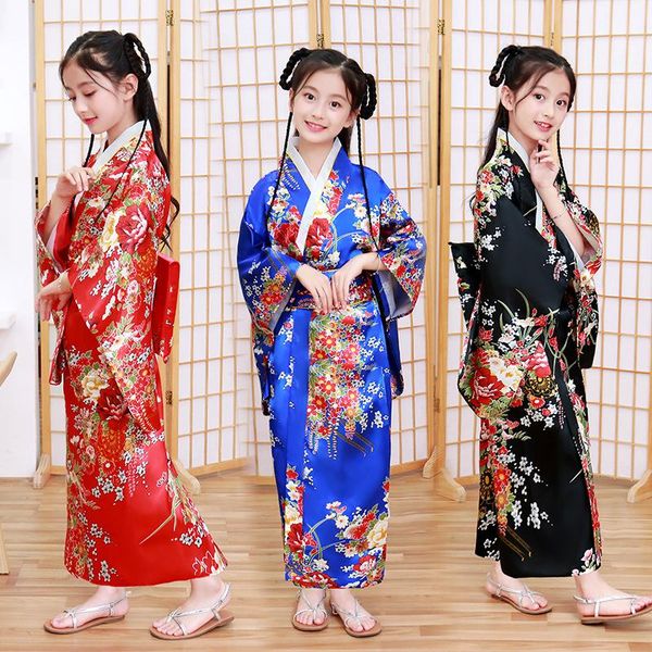 

ethnic clothing traditional japanese kimono costume for girl children peacock yukata long sleeve pajamas kids silk asian autumn winter sleep, Red
