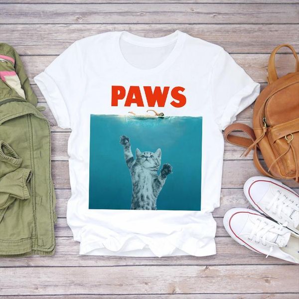 

cartoon cat paw funny women beach short sleeve 90s print womens graphic shirt ladies female tee, White